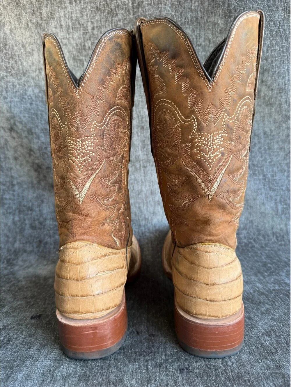Tanner Mark Mens Cowboy Boots Size 7 Caiman Tail Print Tan Leather Square Toe